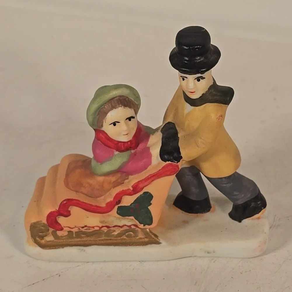 Victorian Village Collectibles Couple Man & Woman Sled Sleigh Christmas Figurine